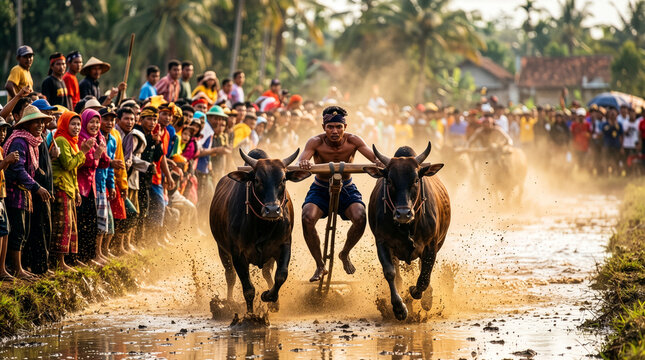 Traditional Pacu Jawi Bull Race Festival in Muddy Paddy Field West Sumatra Indonesia