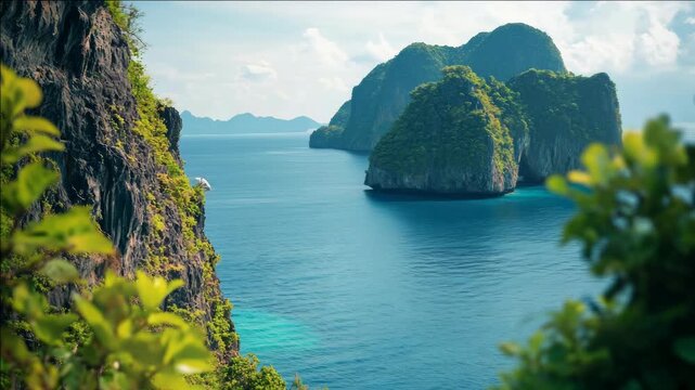 Panoramic shot of a vibrant blue ocean with lush green mountainous islands in the distance, taken from a cliffside vantage point.