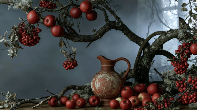 Red Apples and Decorative Jug on Rustic Branch