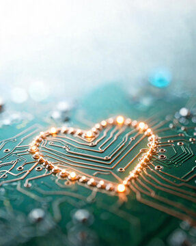 Macro close-up of heart-shaped circuit board traces