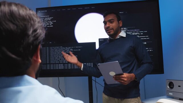 Indian male Software Engineer, Developer working with Team, Looking at Monitoring, Presenting coding, data, AI Machine Learning Model to Colleague, Discussion, Reviewing and Brainstorming together.