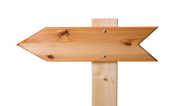 Wooden arrow signpost with knotty pine texture, isolated on transparent background