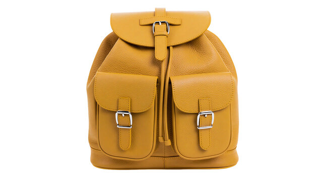 Yellow pebbled leather backpack with silver buckles, isolated on transparent background