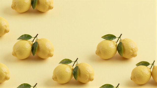 Bright yellow lemons with green leaves scattered on a soft beige background.