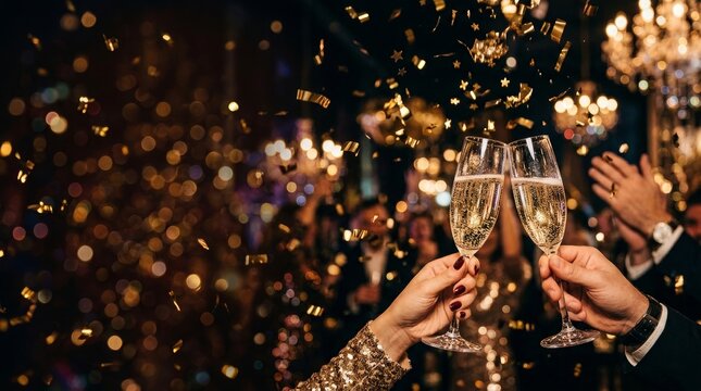 Two people clinking champagne glasses during celebration with confetti