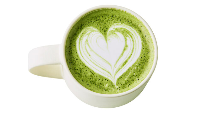 White ceramic mug with frothy green matcha tea latte art heart, isolated on transparent background