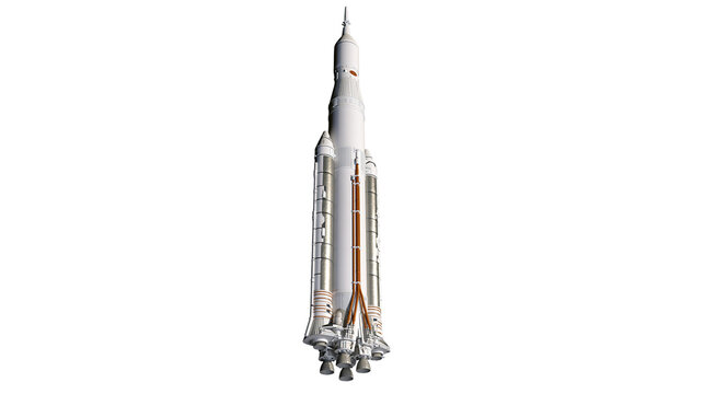 Massive white space rocket with multiple engines, isolated on transparent background