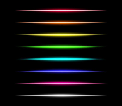 Set of colorful light flares and horizontal neon beams on black background