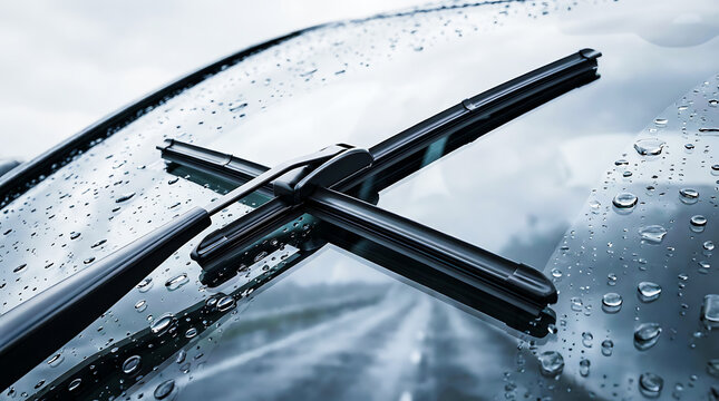 Close-up of car windshield wipers cleaning rain from glass during storm