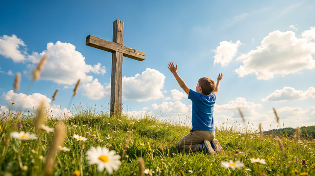 Young boy kneeling in prayer with arms raised before a wooden cross in sunny countryside landscape under blue sky
