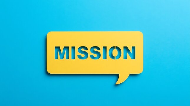 Mission text inside yellow speech bubble on blue background with business
