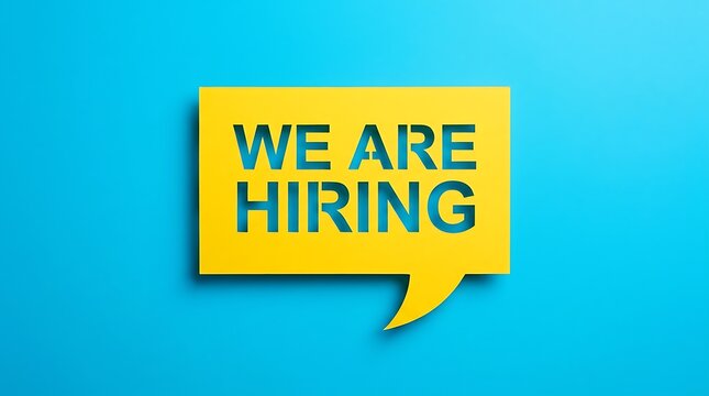 We are hiring text inside yellow speech bubble on blue background with business