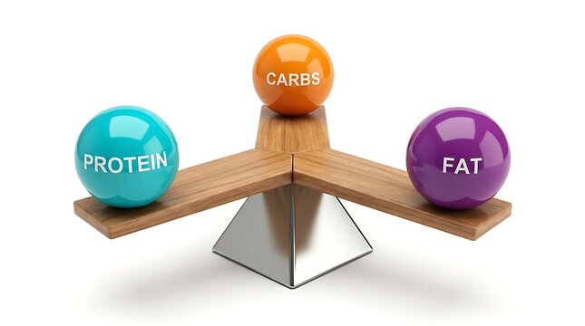 Conceptual balance scale showing dietary protein carbohydrates and fats on wood