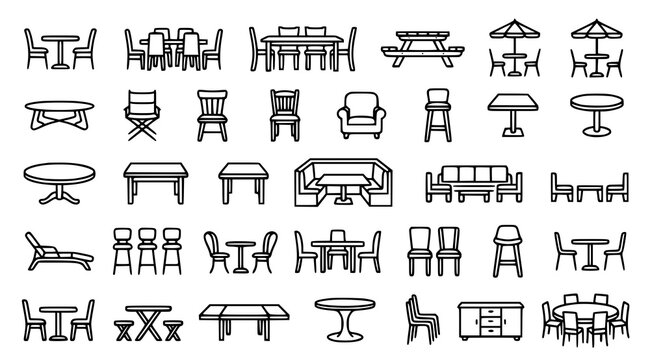 Minimal dining furniture outline vector collection with restaurant cafe picnic tables chairs and interior seating elements isolated on white background