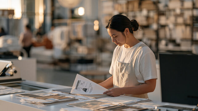 Upholstery professional standing alone at a twilight fabric return desk, fabric samples and a packing label spread on the counter, single tradesperson navigating a supplier customer service exchange