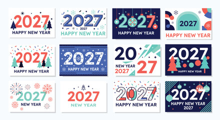 Collection of happy new year greeting card designs with typography and winter decorations. © MD kibriya Ahamed 