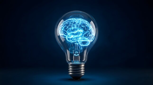 A glowing human brain inside a light bulb representing artificial intelligence and creative thinking concepts
