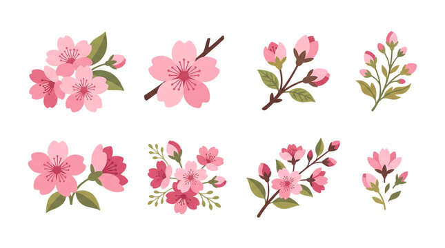 Set of cute cherry blossom flowers and branches for game design isolated on transparent background
