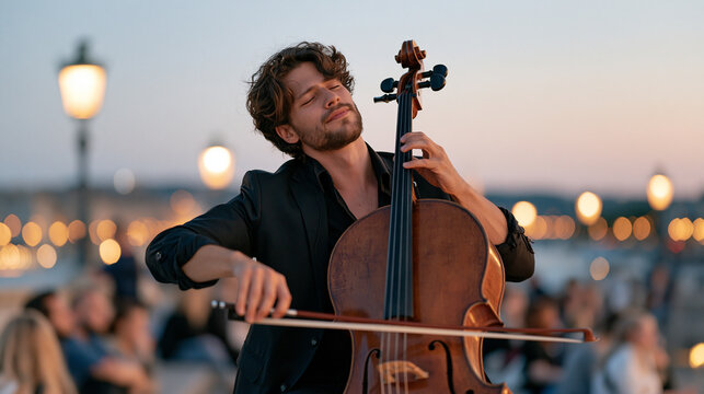 A street musician plays a cello on a twilight blue hour city bridge, viewed over the shoulder as an audience forms across the promenade, restorative evening stillness palpable in the posture of list