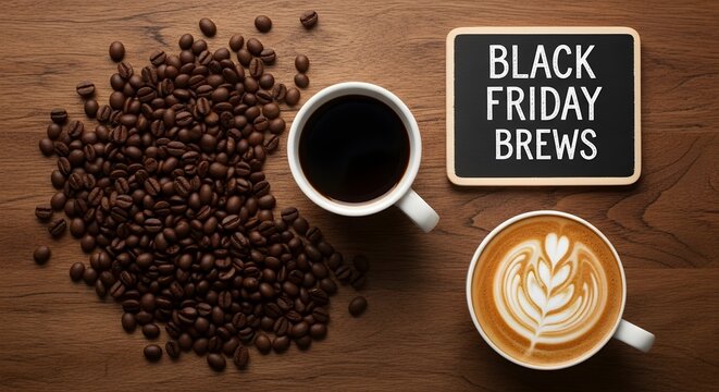 Top view of coffee bean pile with black coffee and latte cup near chalkboard on wooden table