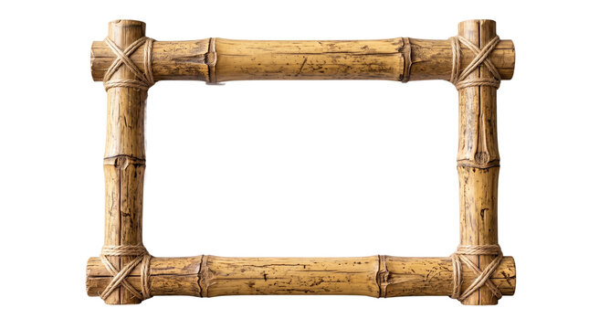 Rustic bamboo frame with tied rope details, tropical wooden border for photography, natural wood textured frame for summer vacation memories isolated PNG with Transparent Background