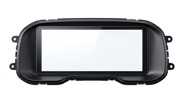 Modern car dashboard screen with blank white display, digital instrument cluster frame, automotive infotainment system monitor for vehicle interface design isolated PNG with Transparent