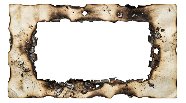 Burnt paper frame with charred edges, vintage scorched parchment border, antique fire damaged paper texture for scrapbooking and graphic design isolated PNG with Transparent Background