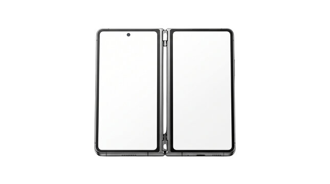 Foldable smartphone with dual screen display, modern mobile phone mockup with blank white screens, innovative folding cellular device for app design isolated PNG with Transparent Background