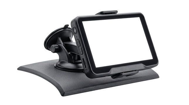 Portable GPS navigation device with suction cup mount, car dashboard navigator with blank white screen, automotive electronic map display isolated PNG with Transparent Background