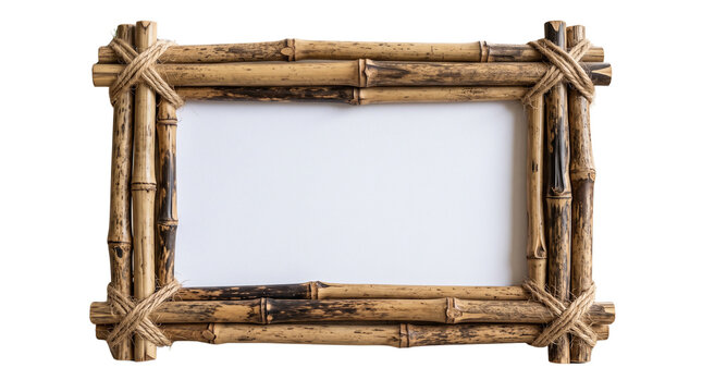 Rustic bamboo picture frame with rope ties, tropical wooden border for photography, natural wood frame for beach and eco-friendly home decor isolated PNG with Transparent Background