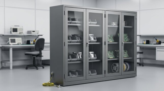 Laboratory storage cabinet with glass doors for electronic components and equipment.