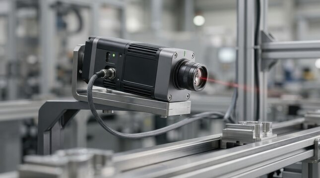 Industrial vision camera with red laser in factory setting for quality control.