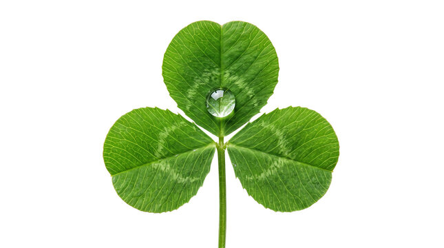 Green shamrock clover with water drop, fresh three leaf clover for Saint Patricks Day, vibrant organic clover leaf with morning dew isolated PNG with Transparent Background