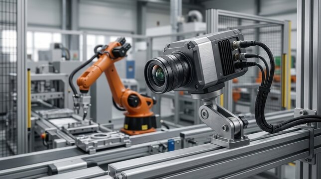 Machine vision camera on rail system near robotic arm in automated factory.