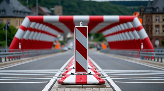 Rot-wei&szlig;e Stra&szlig;ensperre steht mitten auf leerer Br&uuml;cke bei Regen