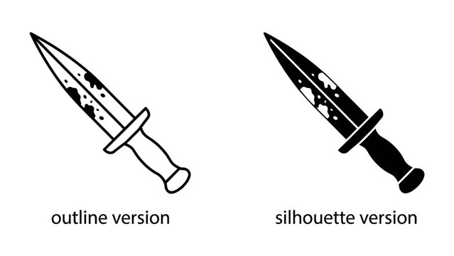 Dagger Icon Set: A graphic representation of a dagger featuring two styles: a simple outline and a solid silhouette, both depicting a blood-splattered blade.