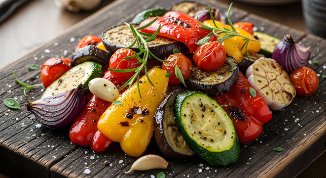 Vegetables grilled to perfection are arranged on a dark wooden cutting board for a healthy dinner.