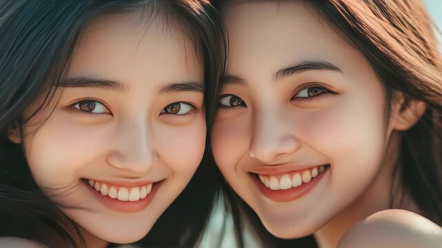 Two young women smile closely together. Soft light enhances their natural beauty. Their expressions convey warmth and joy. The video feels intimate and serene