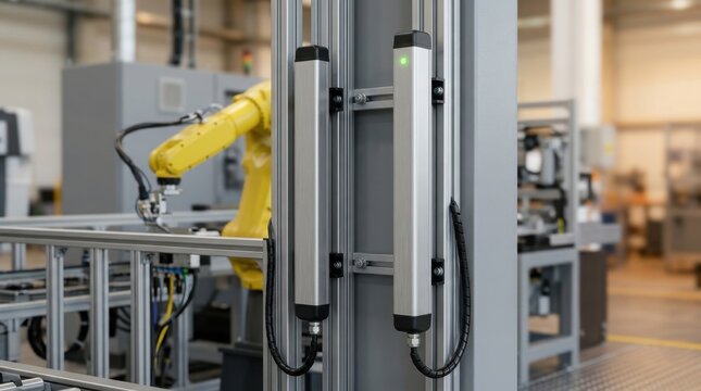 Pair of industrial safety light curtains protecting automated robot arm in manufacturing plant.