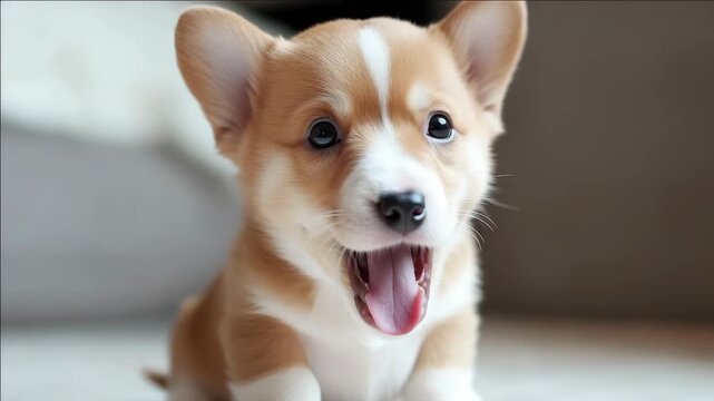 An endearing Corgi puppy looking surprised or happy.