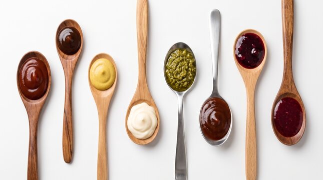 Assorted colorful condiments including mustard mayonnaise pesto and various savory sauces arranged elegantly inside natural wooden and metallic spoons set against a clean white studio background