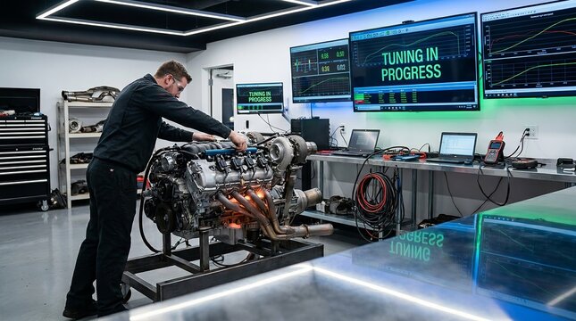 Engineer monitors live engine performance data on multiple computer screens within a high tech workshop.
