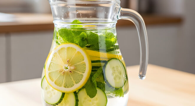 Pitcher of refreshing infused water with lemon and cucumber slices sits on a clean kitchen counter.