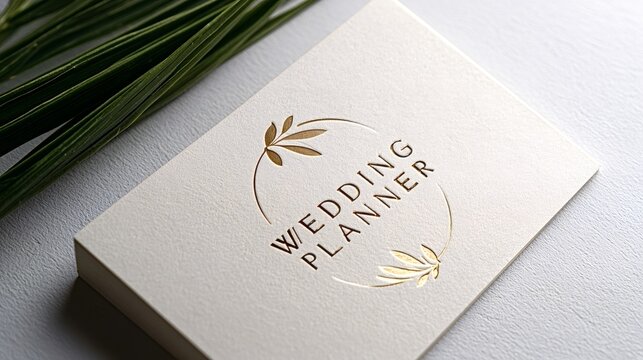 Wedding planner business card featuring a gold foil embossed logo and text, showcasing elegant luxury branding stationery on a textured surface with green leaves