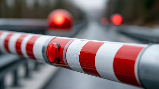 Rot-wei&szlig;e Schranke sperrt Stra&szlig;e mit unscharfen Lichtern im Hintergrund