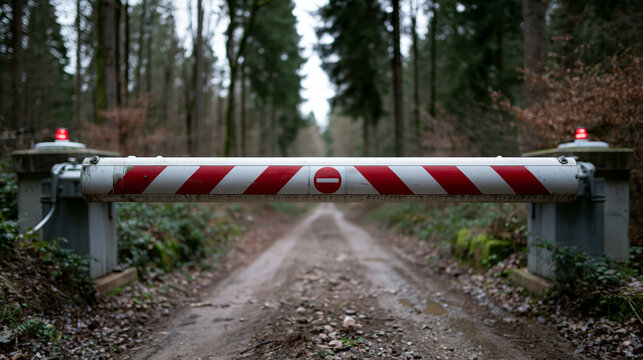 Rot-wei&szlig;e Schranke versperrt geraden Feldweg im herbstlichen Wald