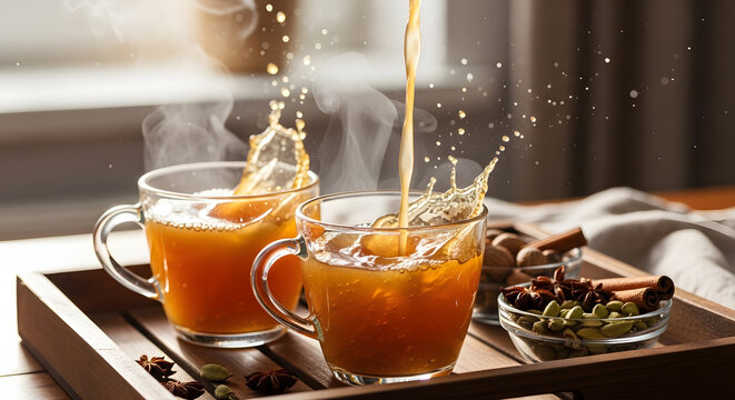 Tea pouring into glass cups creates a warm atmosphere with aromatic spices on a wooden tray.