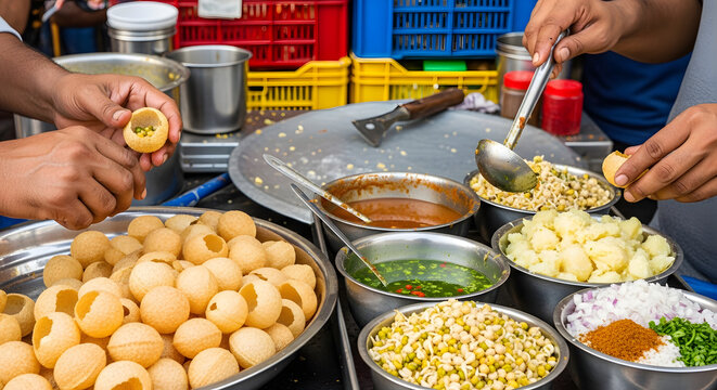 Street vendor prepares pani puri with spiced water and potato filling for a quick snack service.