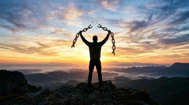 Man breaking chains on mountain peak at sunrise, symbolizing freedom and success