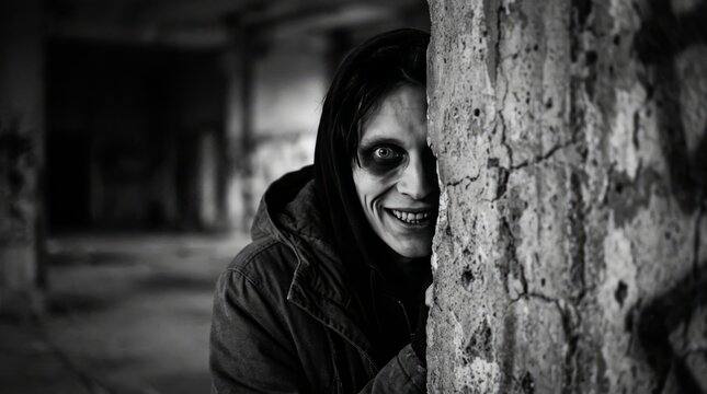 Creepy Woman Peeking From Behind Pillar, Dark Abandoned Building, Horror Theme